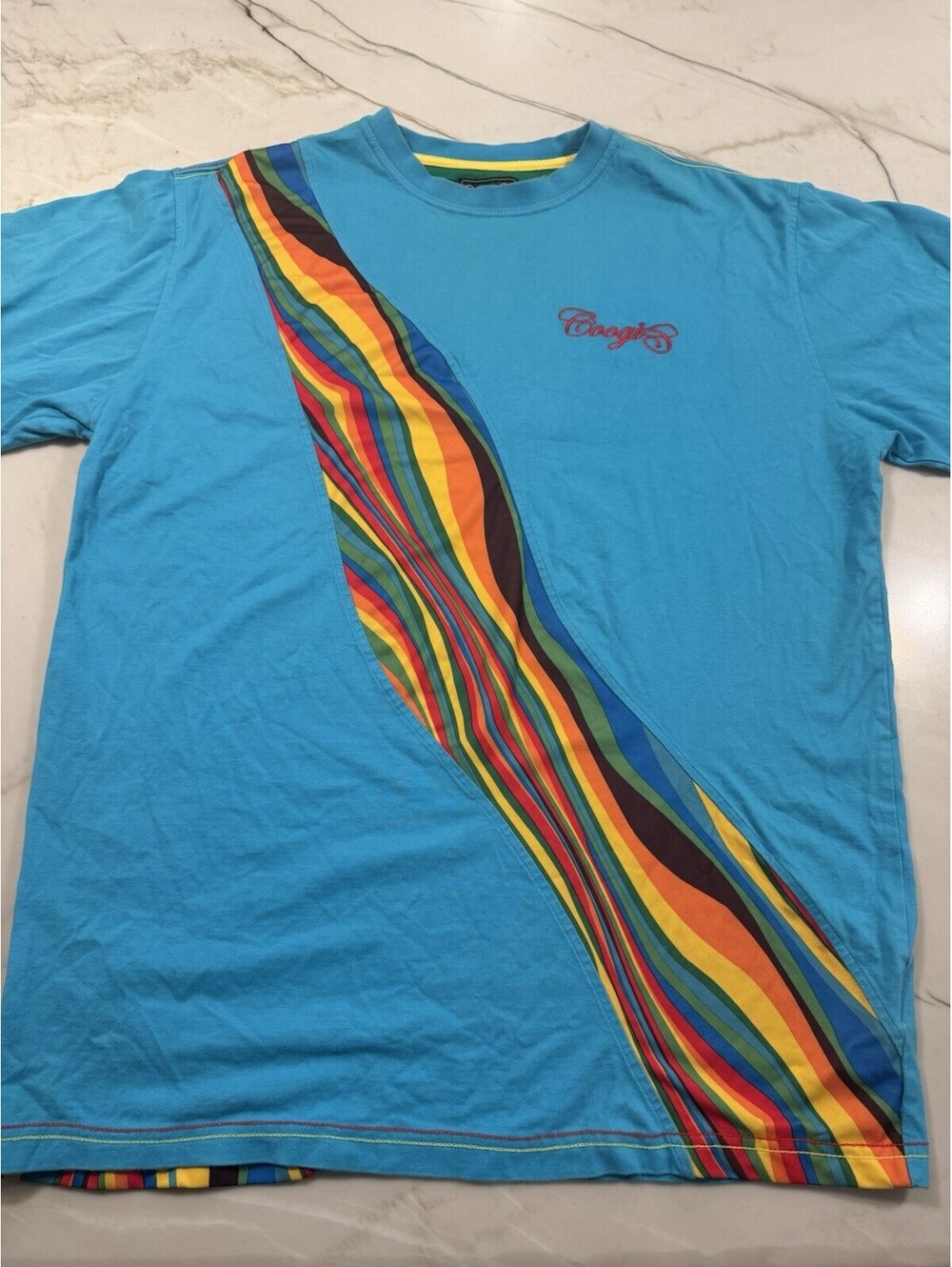 COOGI Mens XL Blue Rainbow Stripe T Shirt Logo Streetwear
